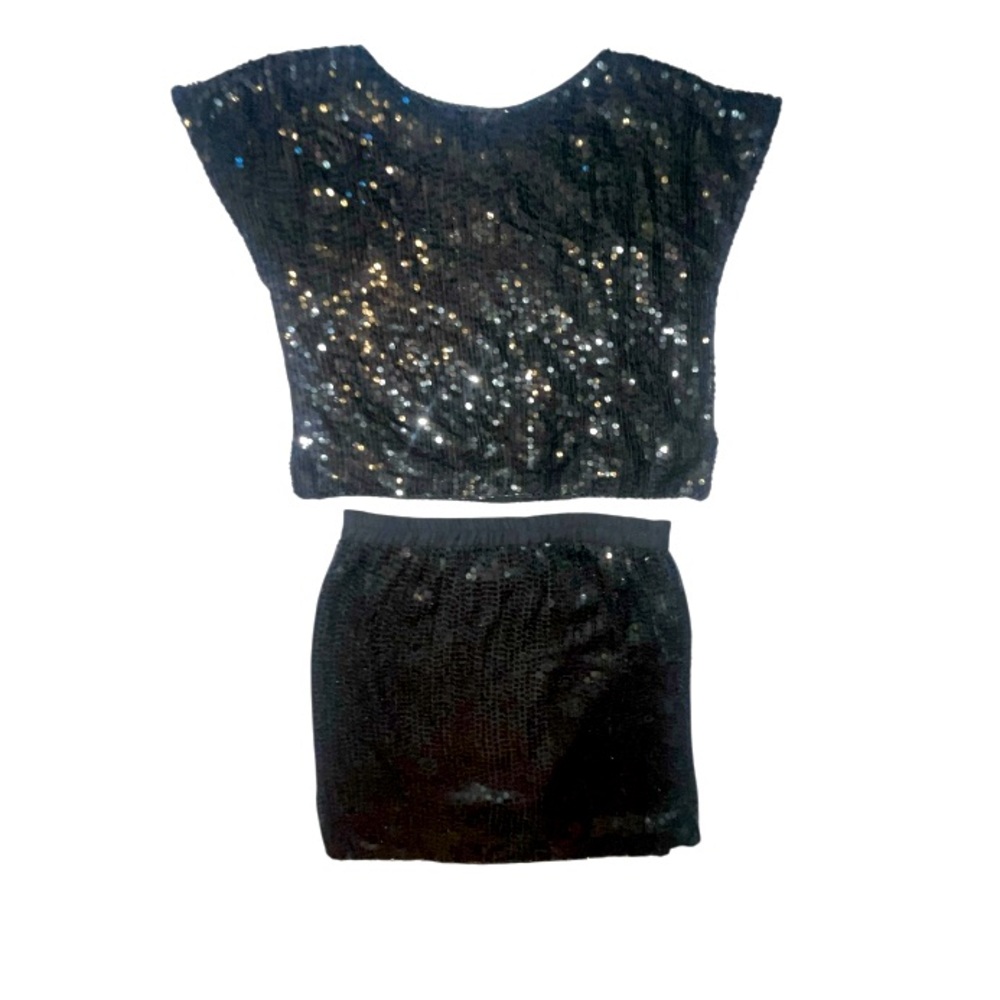Vintage Shimmer New York Blk Sequins Shirt Skirt Set Shirt Size Small Skirt Med